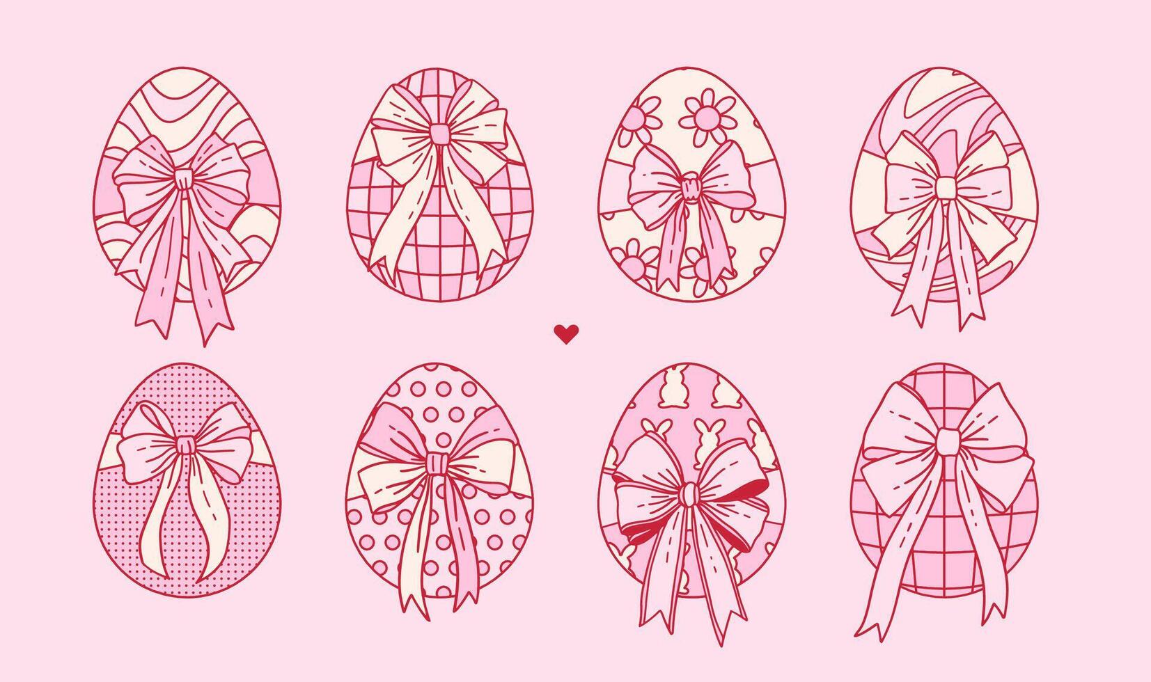 Hand drawn cute groovy pink Easter egg with coquette satin bow and distorted hippie pattern decor. Linear happy Easter spring holiday elements. Girly contour drawing vector