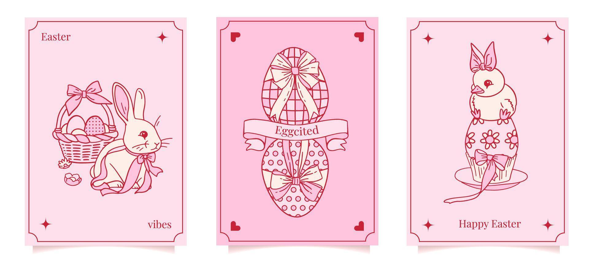 Groovy pink Easter eggs ornated with hearts dots stars flowers illustration set isolated on white. Hand drawn linear happy Easter holiday print poster postcard themed graphics. vector