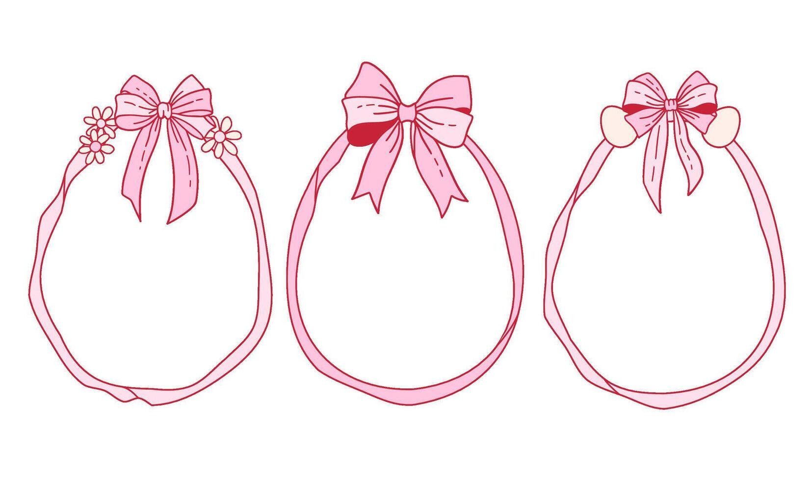 Egg shaped pink ribbon frames set with coquette bow. Spring Holiday trendy borders collection. Vintage girly elements for greeting cards, invitations, social media. Whimsical design for Happy Easter vector