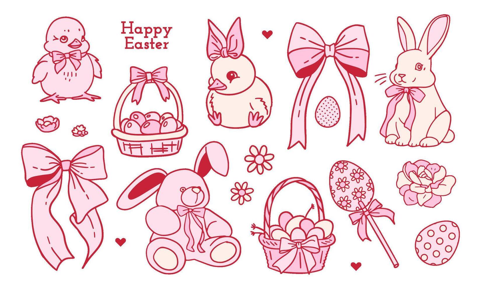 Pink Coquette Easter elements set with Bunny, Egg, Whimsical Rabbit, chick, basket with girly satin ribbons and bow . Contour Flat design vector