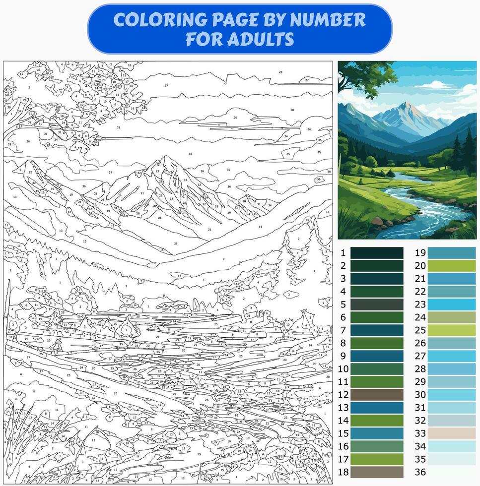 Scenic Mountain Landscape - Adult Coloring Page by Numbers, Relaxing Nature Paint by Number Template vector