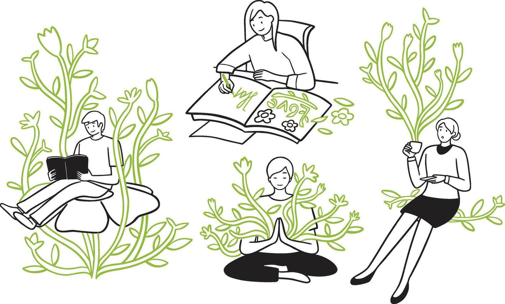 Mindfulness activities with surreal plants illustration vector