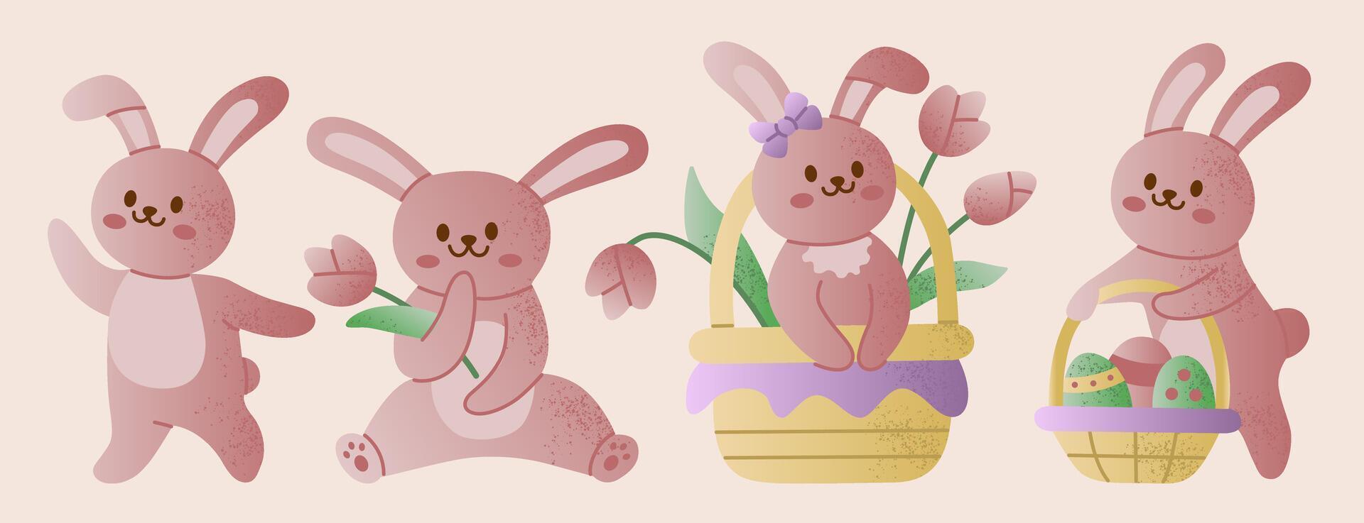 Adorable textured bunnies in pastel tones with tulips, baskets, and Easter eggs, perfect for spring, Easter-themed designs, and childrens projects. vector