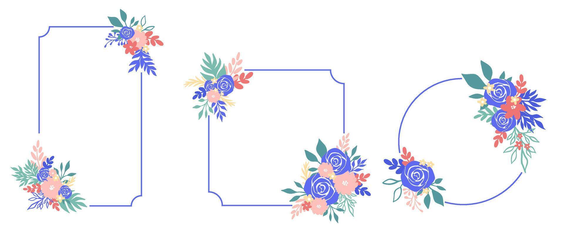 A set of text frames with blue roses and plants vector