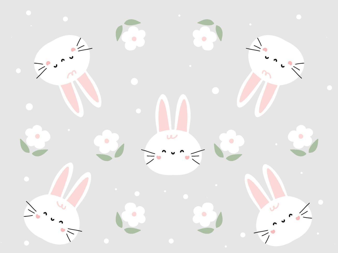 A pattern with cute bunny faces and flowers vector