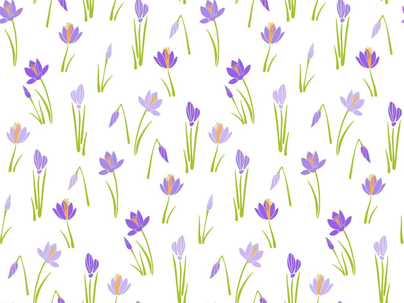 Crocus seamless pattern with blooming flowers and leaves, flat collage style, for spring, floral wrapping paper, fabric, wallpapers, stationery, or digital designs vector