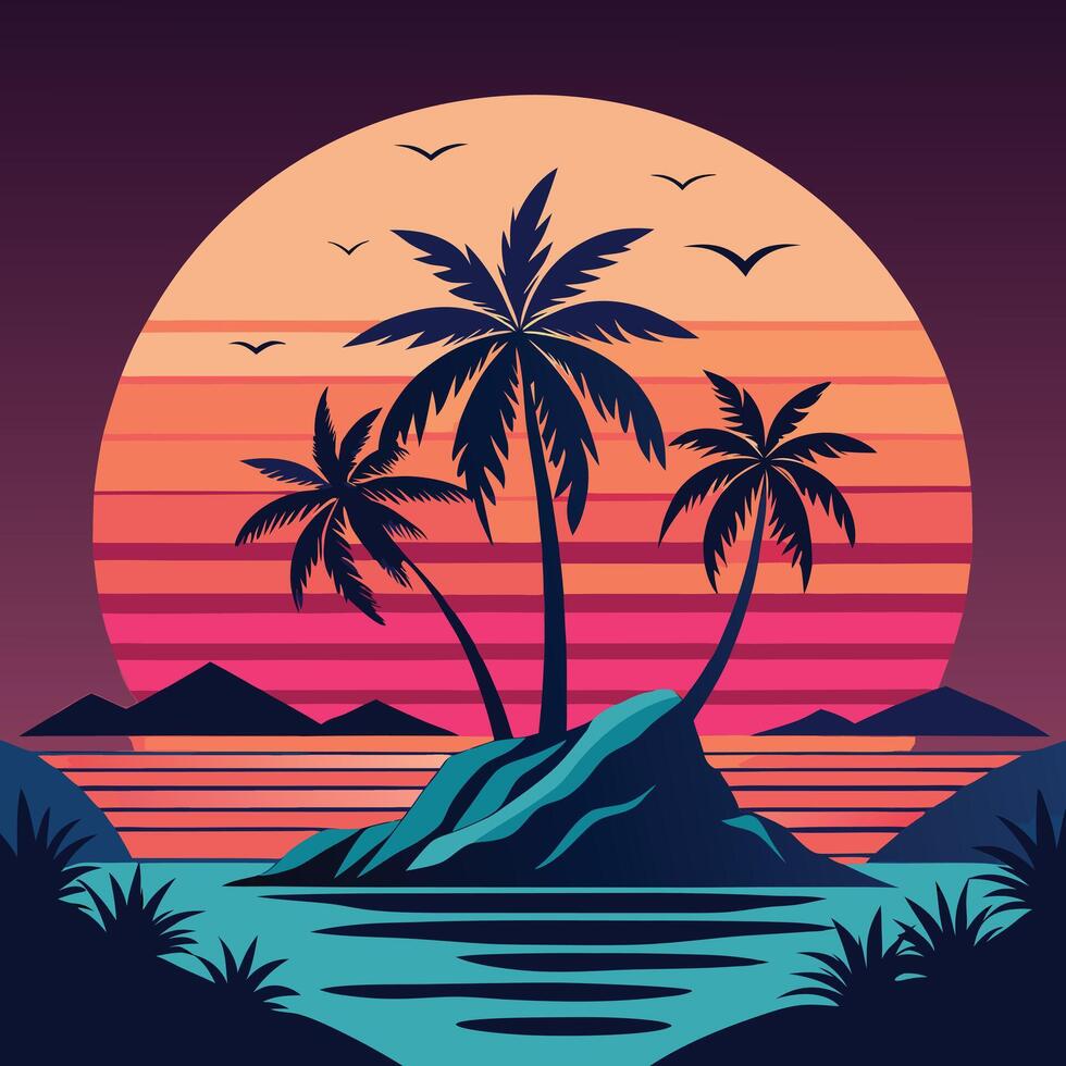 Beautiful sea summer background coconut tree silhouette. vector