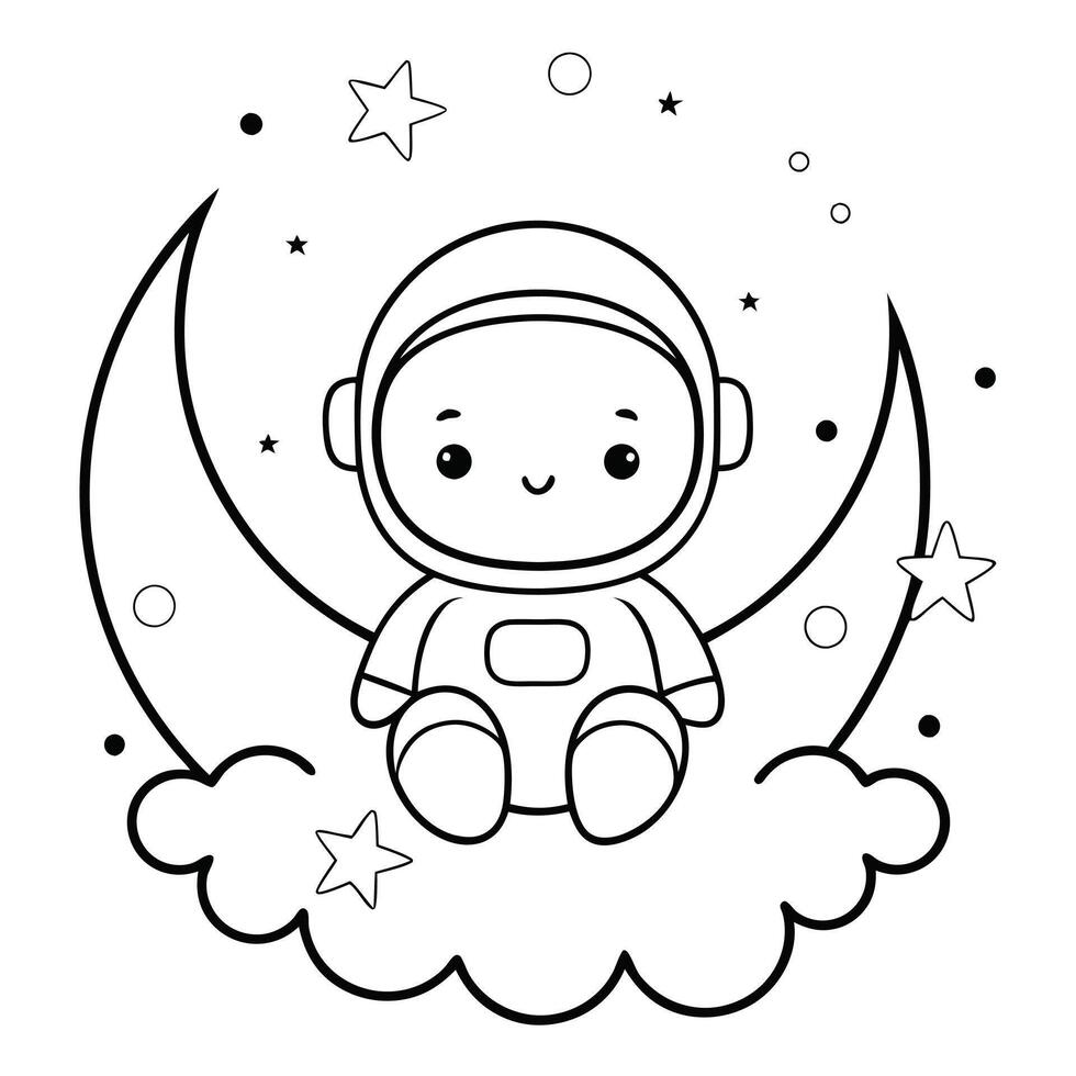 Cute cartoon astronaut girl sitting on the crescent moon. vector