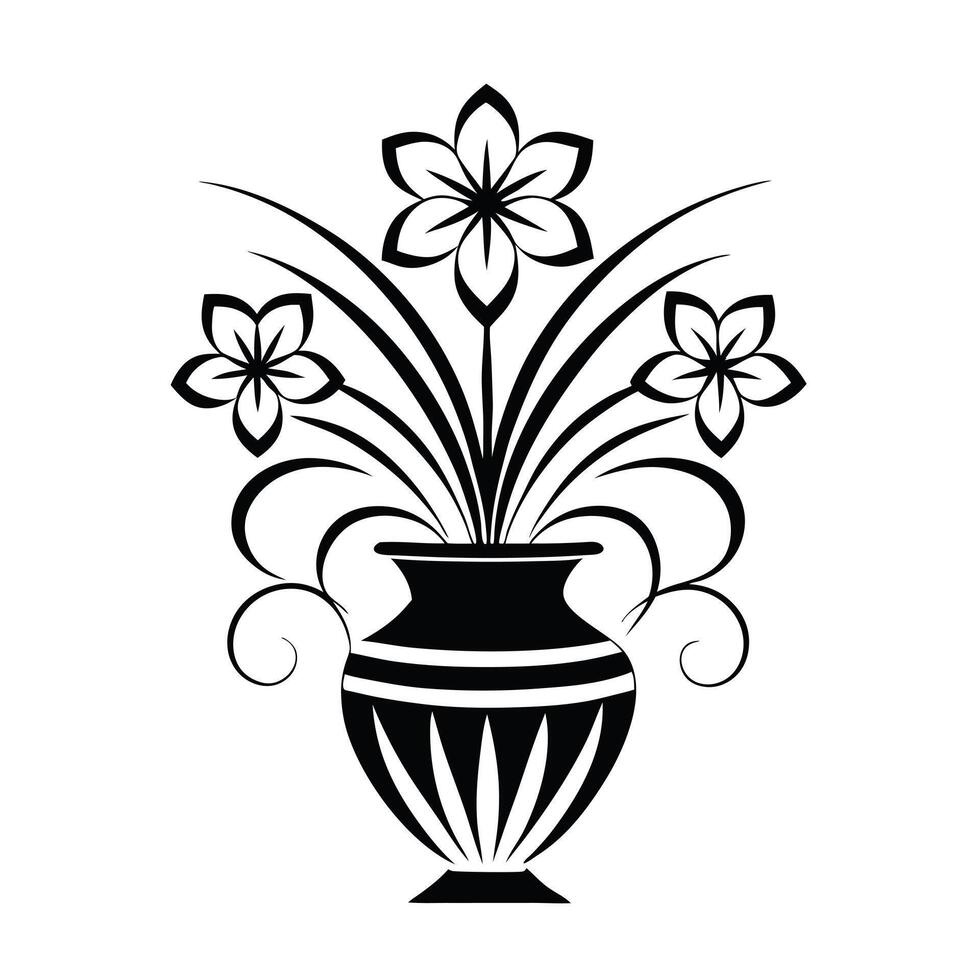 Floral Linocut abstract stylized bouquet of flowers in vase, isolated. Black and white pen and ink drawing with hand drawn bold lines vector