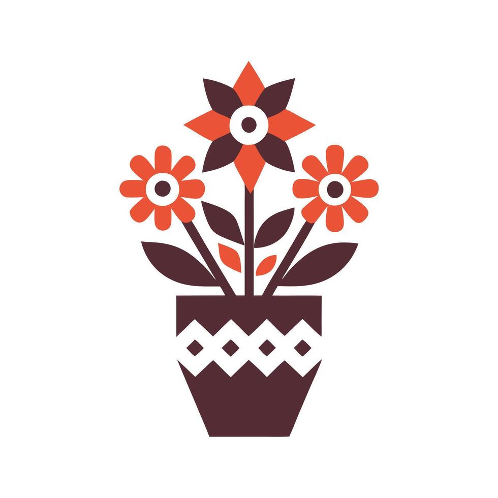 Floral Linocut Stamp abstract stylized color bouquet of flowers in vase, isolated. Black and white pen and ink drawing with hand drawn vector