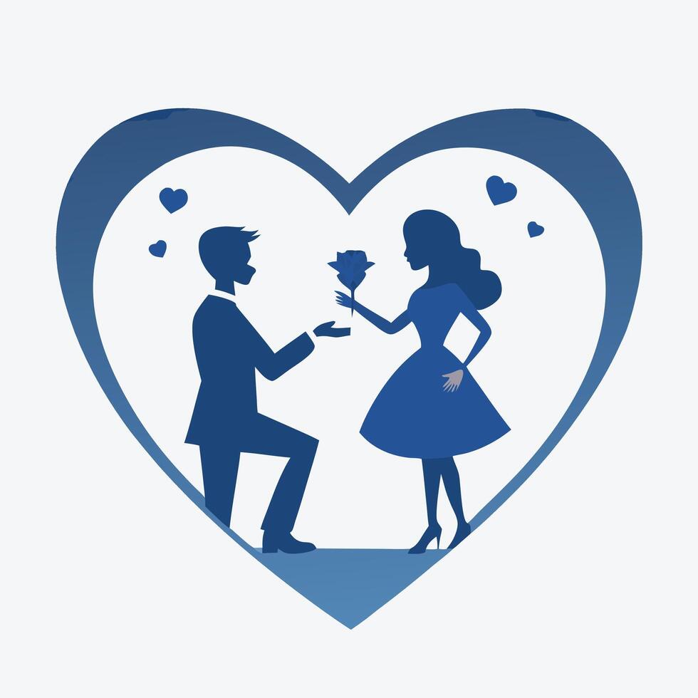 Silhouette of a man proposing with a rose in front of heart vector