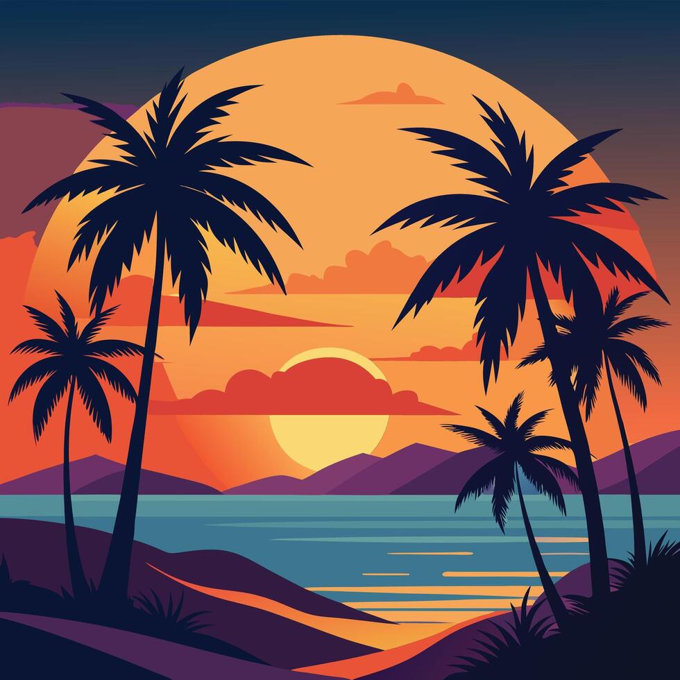 Retro futuristic sunset landscape background of 80-90s style with palms silhouette on the neon beach. vector