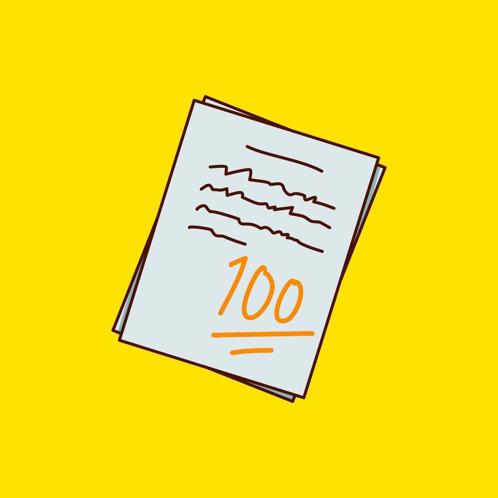 A simple and clean flat illustration of a test paper with a perfect score of 100, set against a bright yellow background. Ideal for educational, school-related, and achievement-themed designs. vector