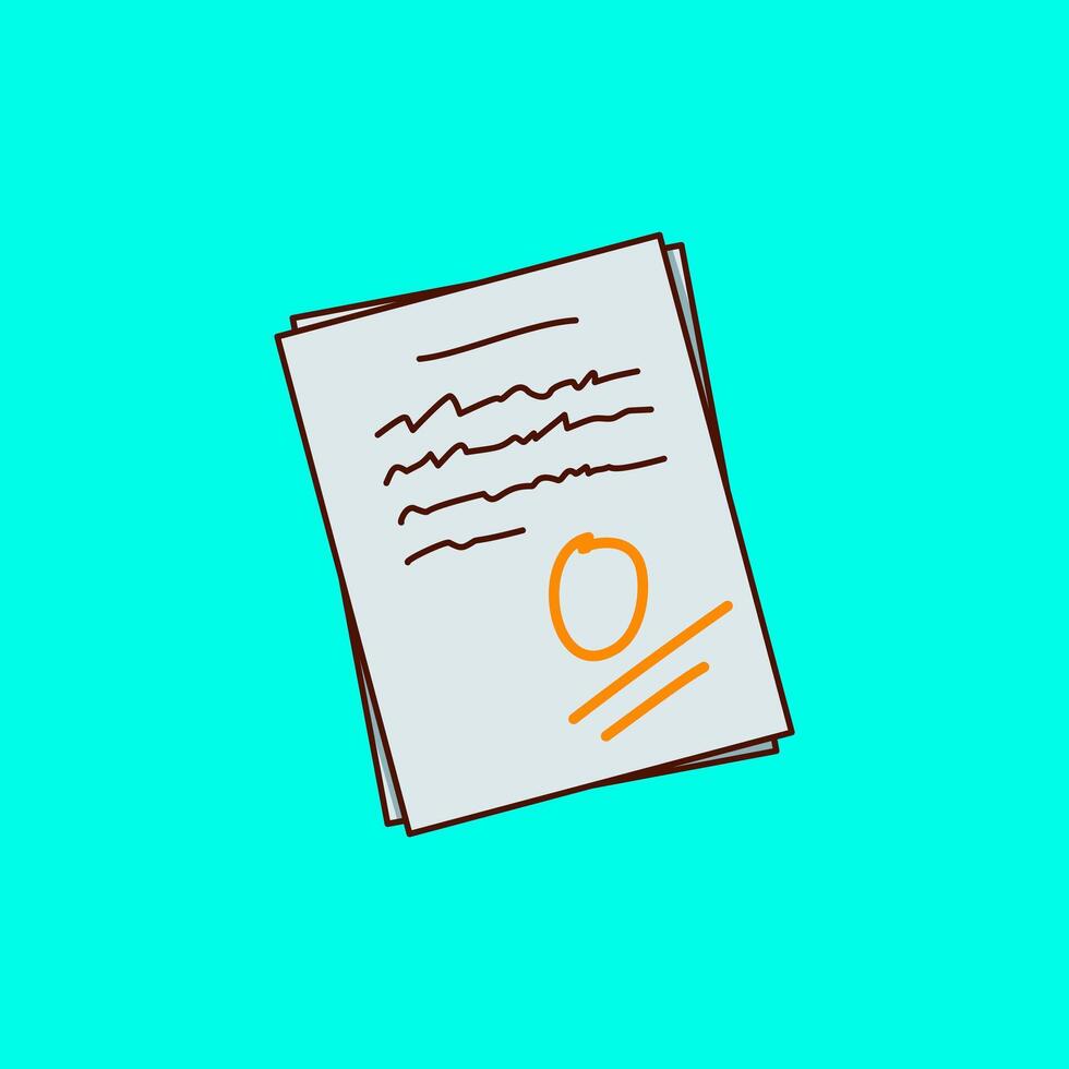 A simple flat illustration of a test paper featuring handwritten text and a large zero score marked in orange. vector