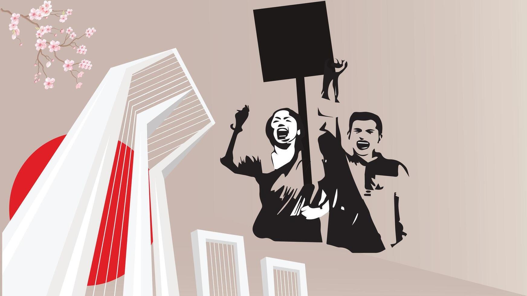 a poster with two people holding up a sign vector