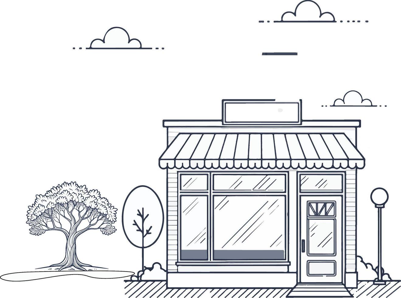 a small store front with a tree and a sign vector