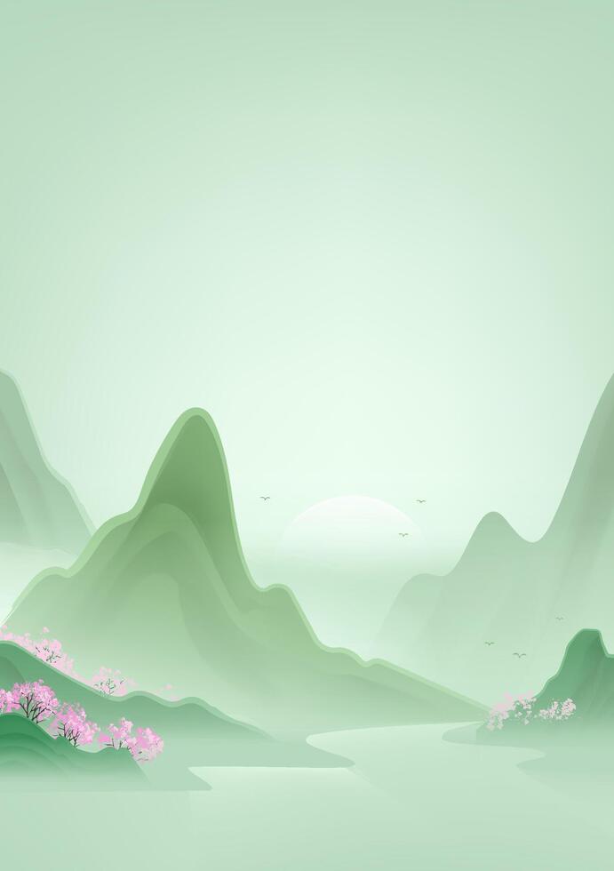 Chinese style vertical illustration design of peach blossom trees between mountains and rivers vector