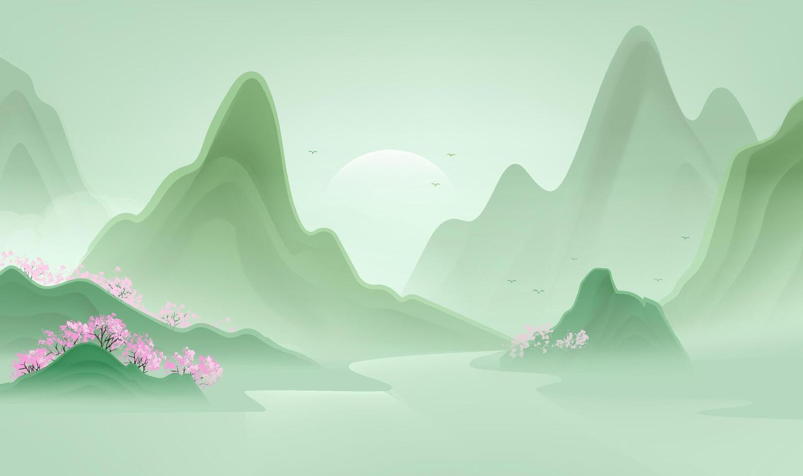 Chinese style horizontal illustration design of peach blossom trees between mountains and rivers vector