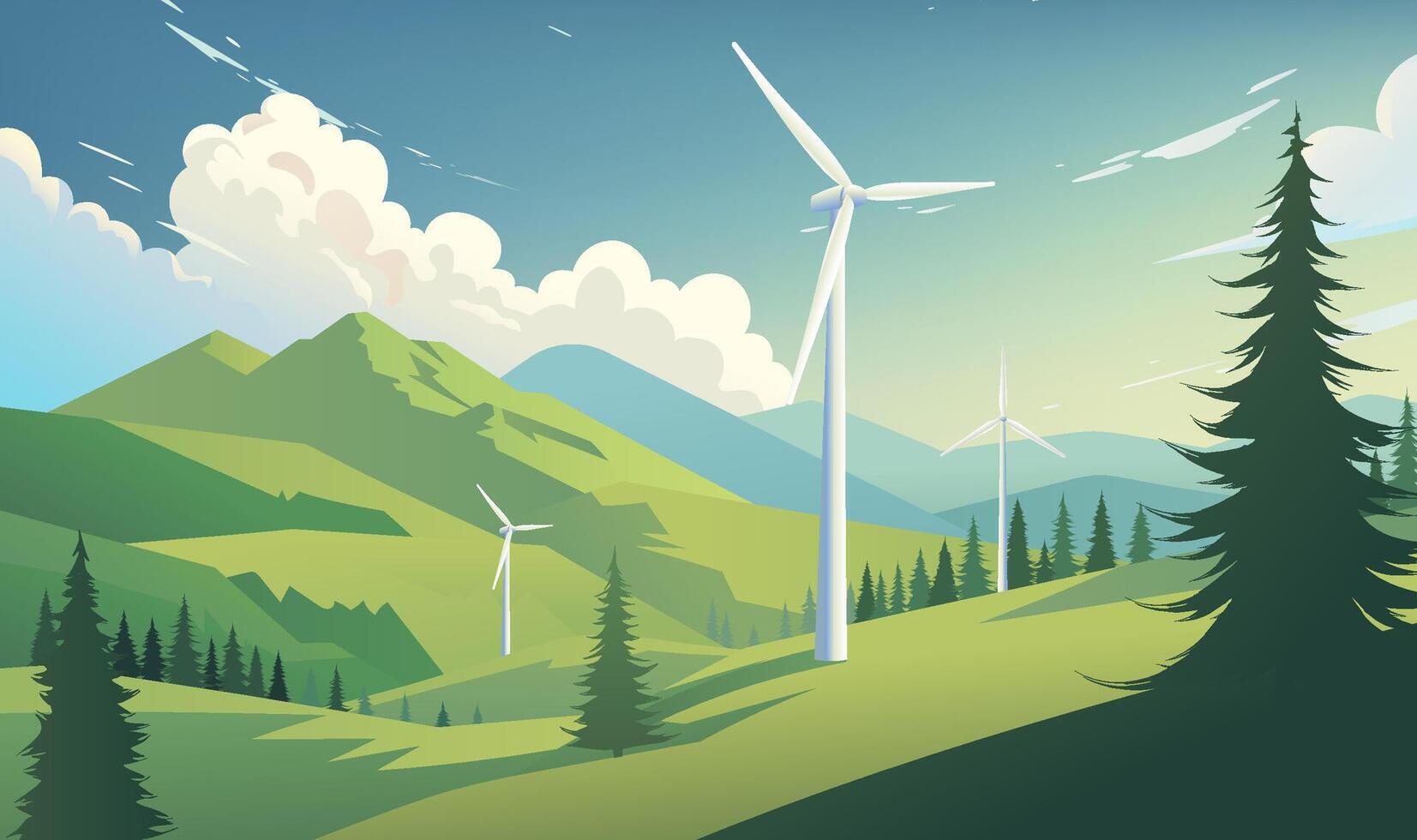 Environmental protection banners design wind turbines between trees and mountains vector