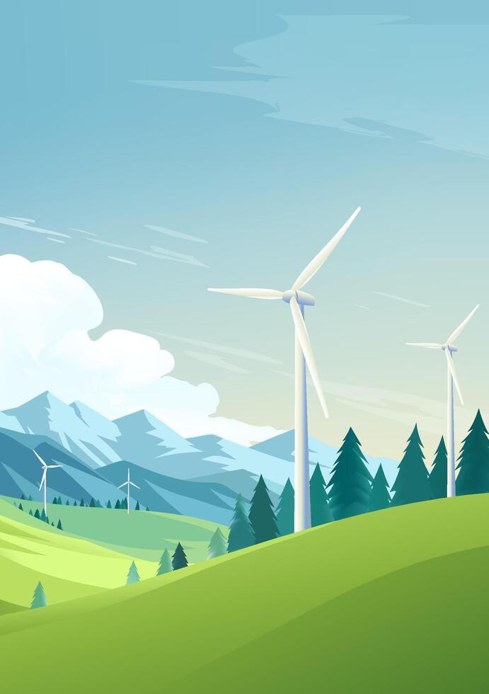 Environmental protection poster design wind turbine in the mountains vector