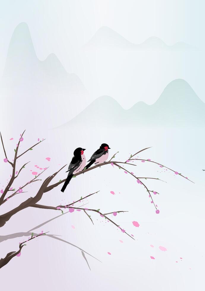 Chinese style vertical illustration design a black bird standing on a peach tree vector