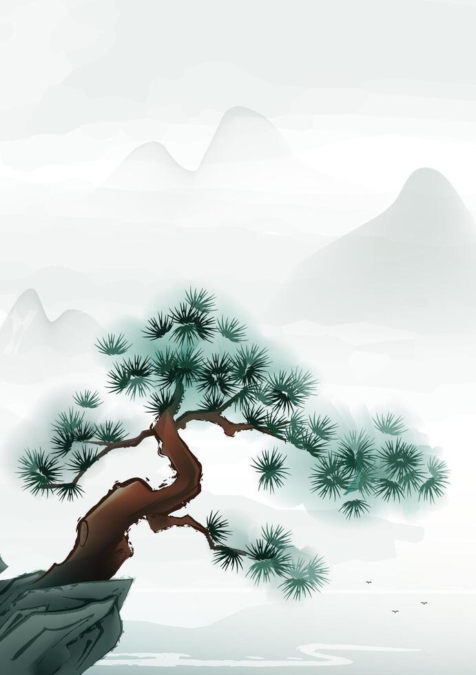Chinese style vertical illustration design pine trees and landscape on cliffs vector