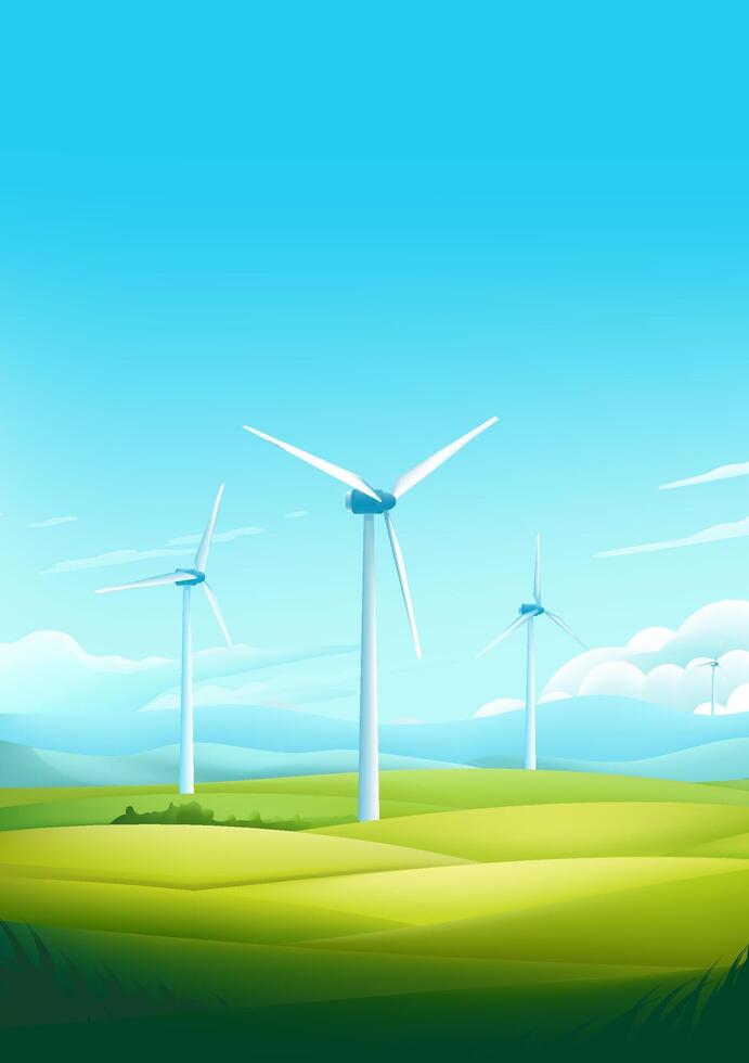 Environmental protection poster design wind turbines and grass blue sky white clouds vector