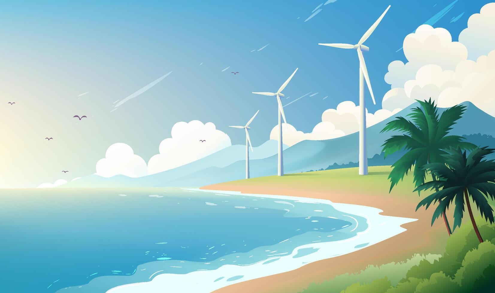 Environmental protection banner design wind turbine at the seaside vector