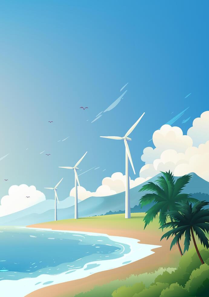 Environmental protection poster design wind turbine at the seaside vector