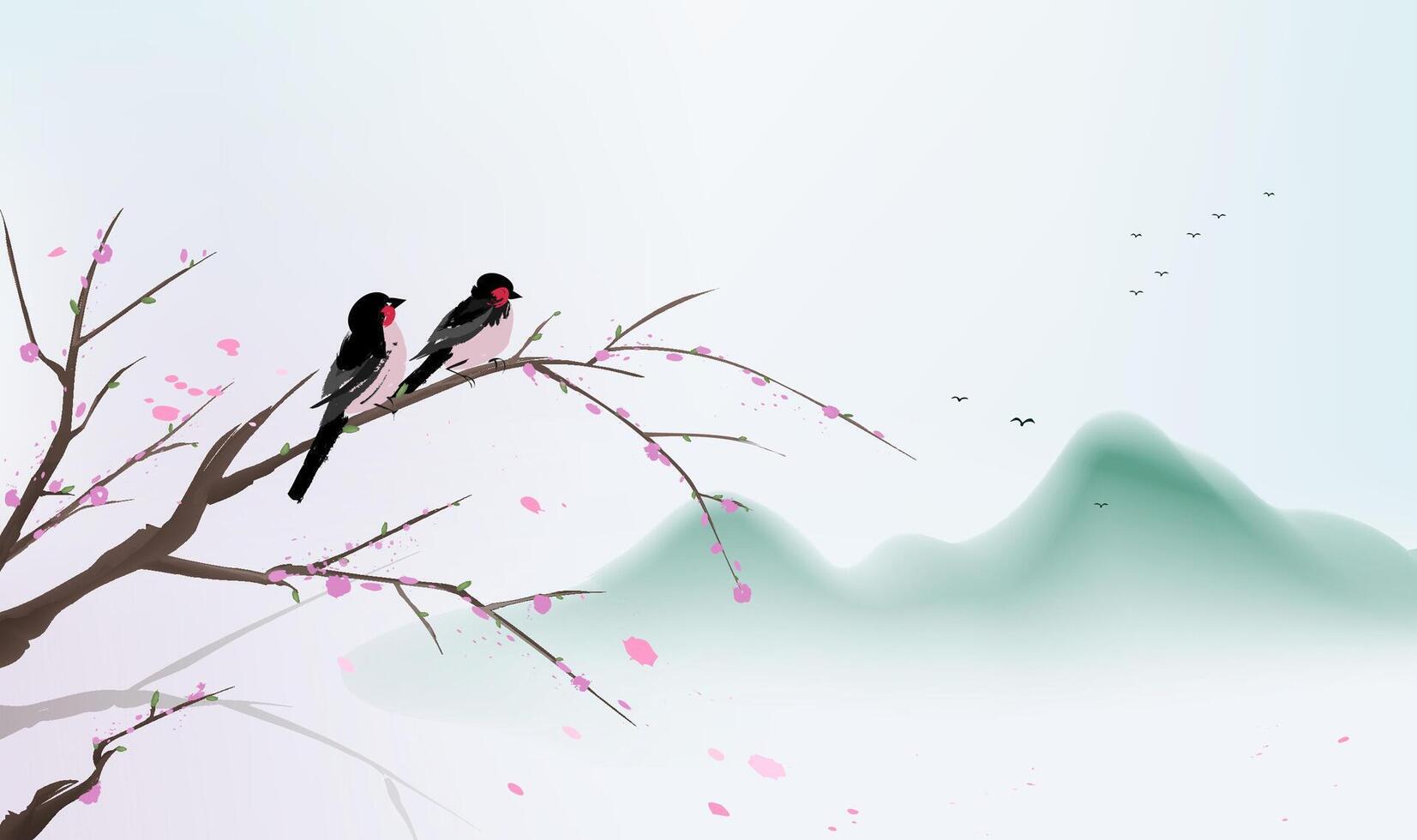 Chinese style horizontal illustration design a black bird standing on a peach tree vector