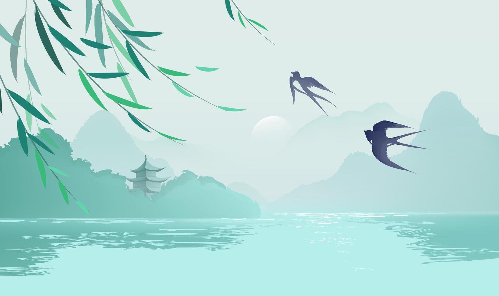Chinese style horizontal illustration design ink landscape willows and swallows vector