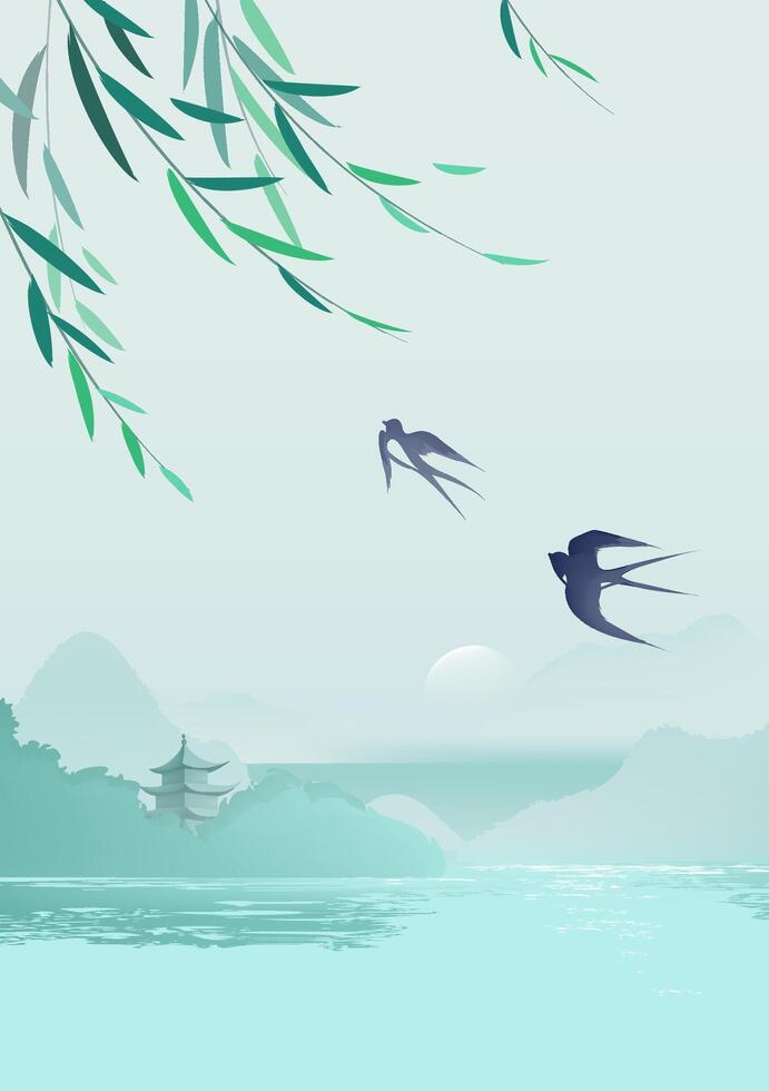 Chinese style vertical illustration design ink landscape willows and swallows vector