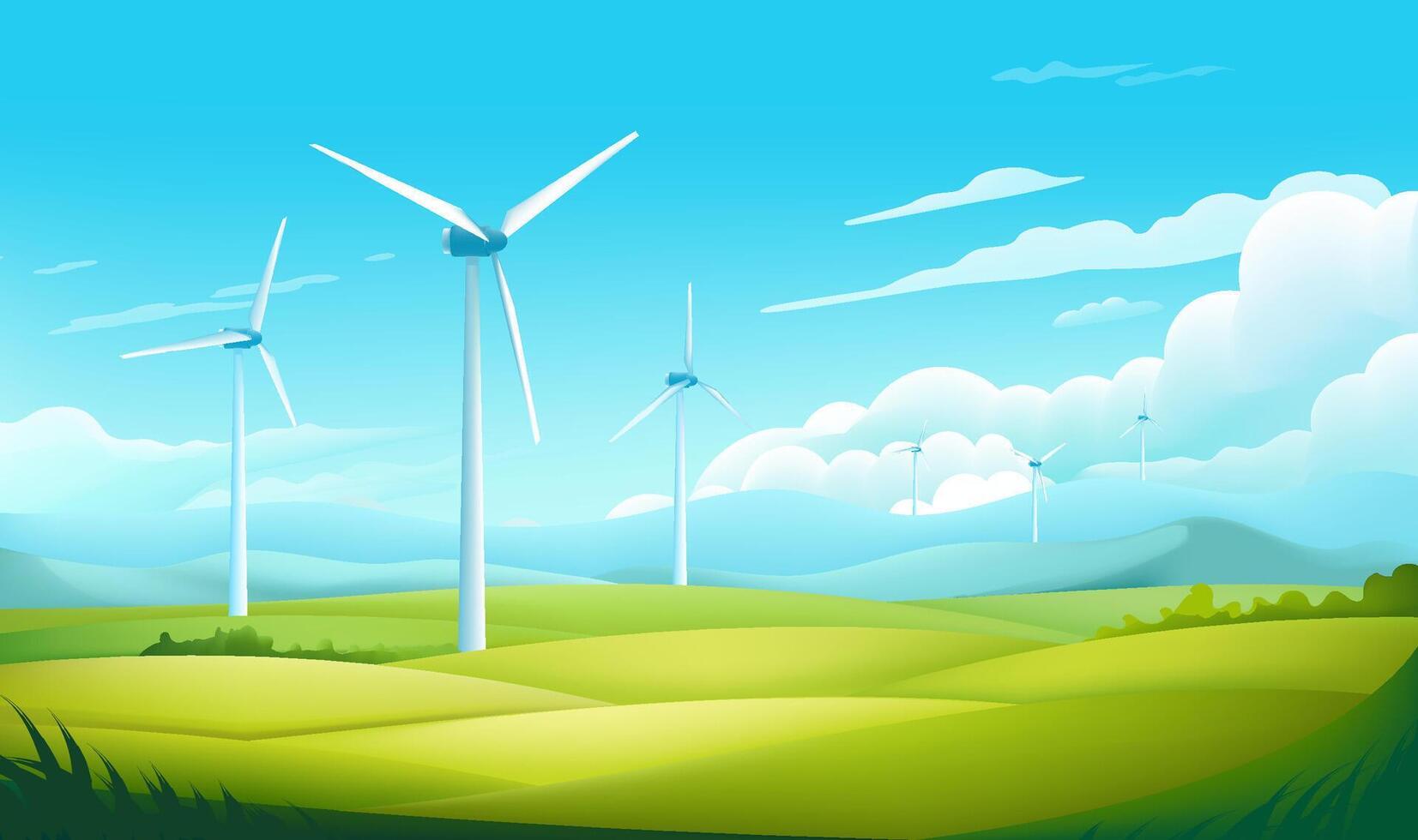 Environmental protection banner design wind turbines and grass blue sky white clouds vector