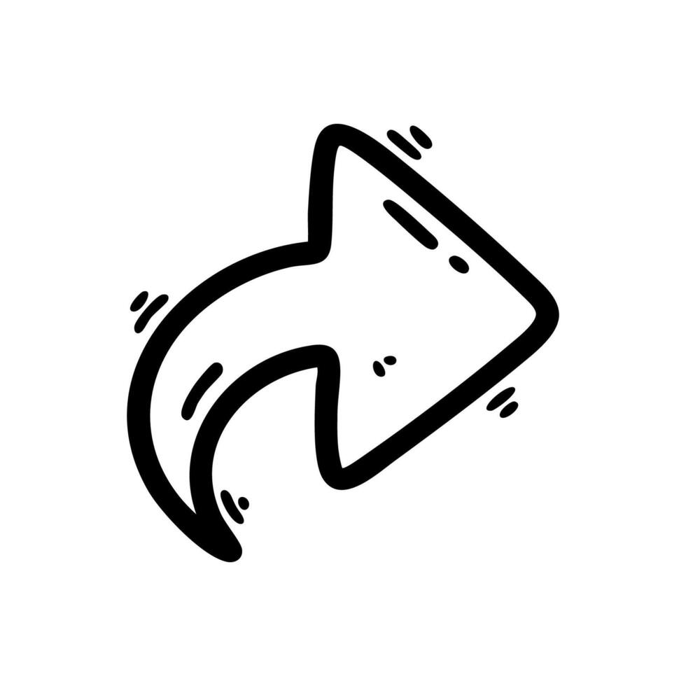 Black and white hand drawn doodle style curved arrow icon. Perfect for social media, navigation, direction, and UI UX design elements. vector