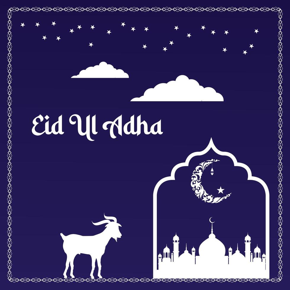 Qurban in Eid Al Adha Mubarak with Mosque, Stars and Lanterns as Background. vector