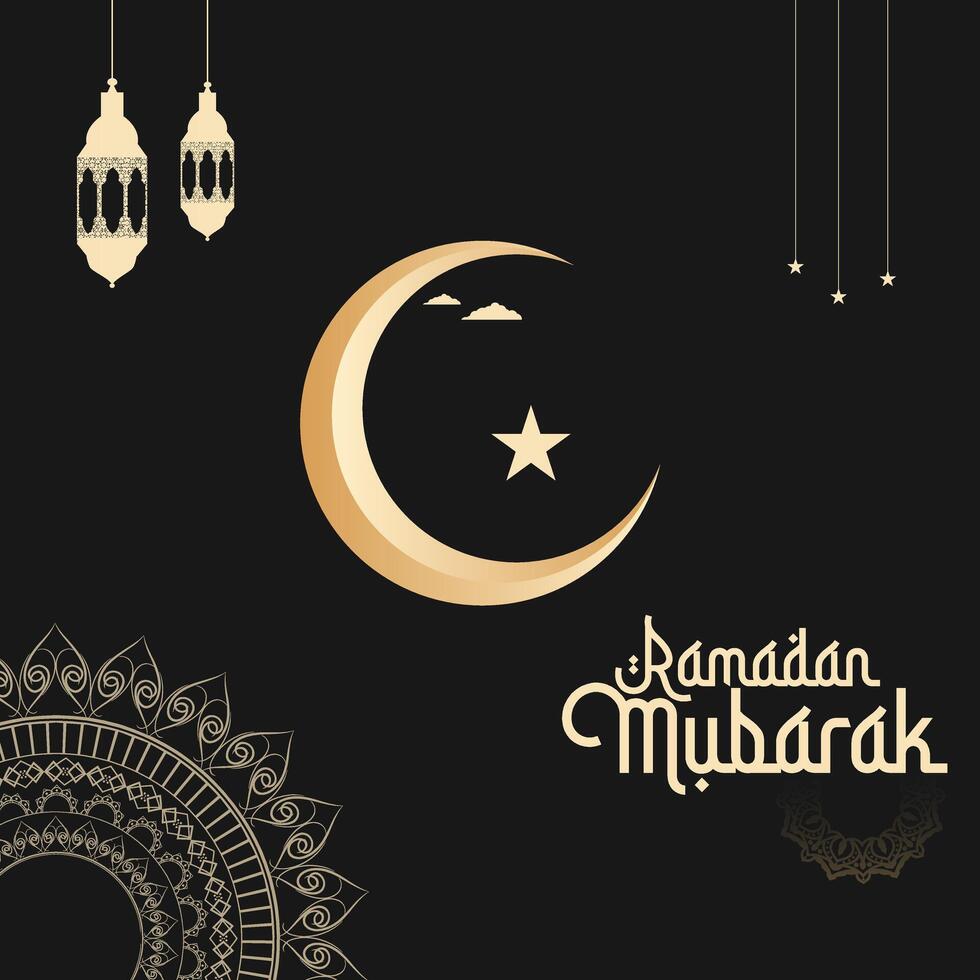 Ramadan Kareem or Eid Mubarak - Dark Greeting Card Design for Muslim Community Festival with Artistic Golden Mosque Silhouette in the Dark Night vector