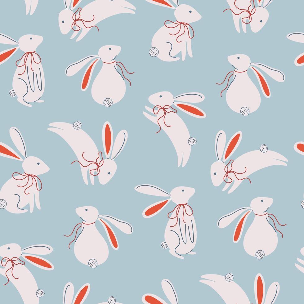 Happy Easter print with bunny. Minimalistic background with rabbit and decorative bow. Cute animal seamless pattern design for baby nursery or textile. Hand drawn illustration. vector