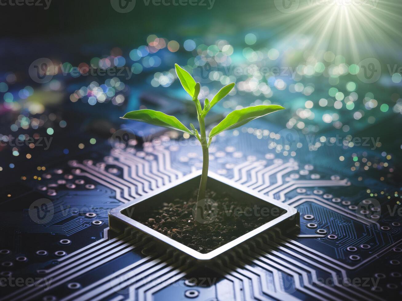 A young green plant grows from a microchip, symbolizing innovation and technology intertwined with nature. photo