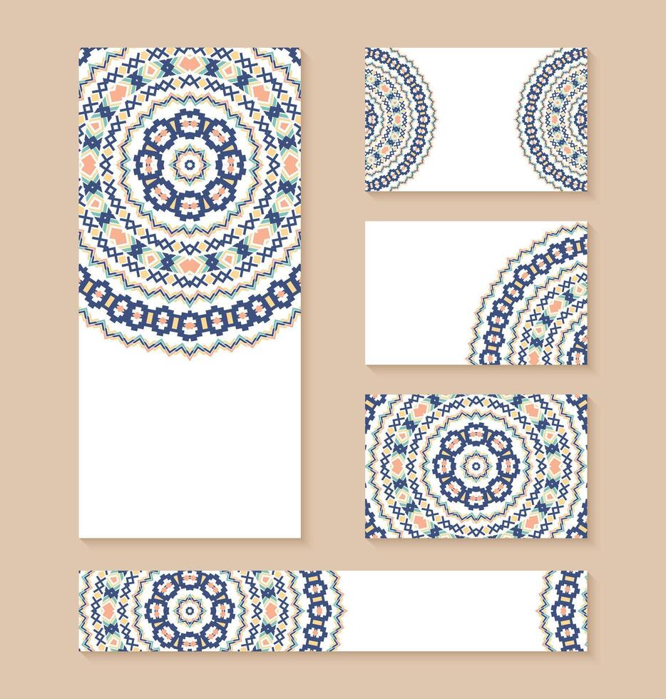Set of business card, banner or invitation card templates with ethnic design. Stylish tribal geometric backgrounds. Aztec ornament vector