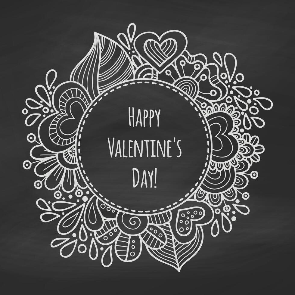 Chalk floral frame on the blackboard. Valentine's Day background. Frame of flowers. Template for romantic postcard, invitation vector