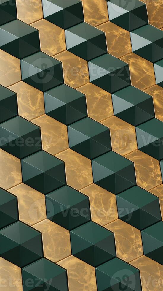 Geometric pattern featuring dark green and golden tiles with a modern and elegant design. photo