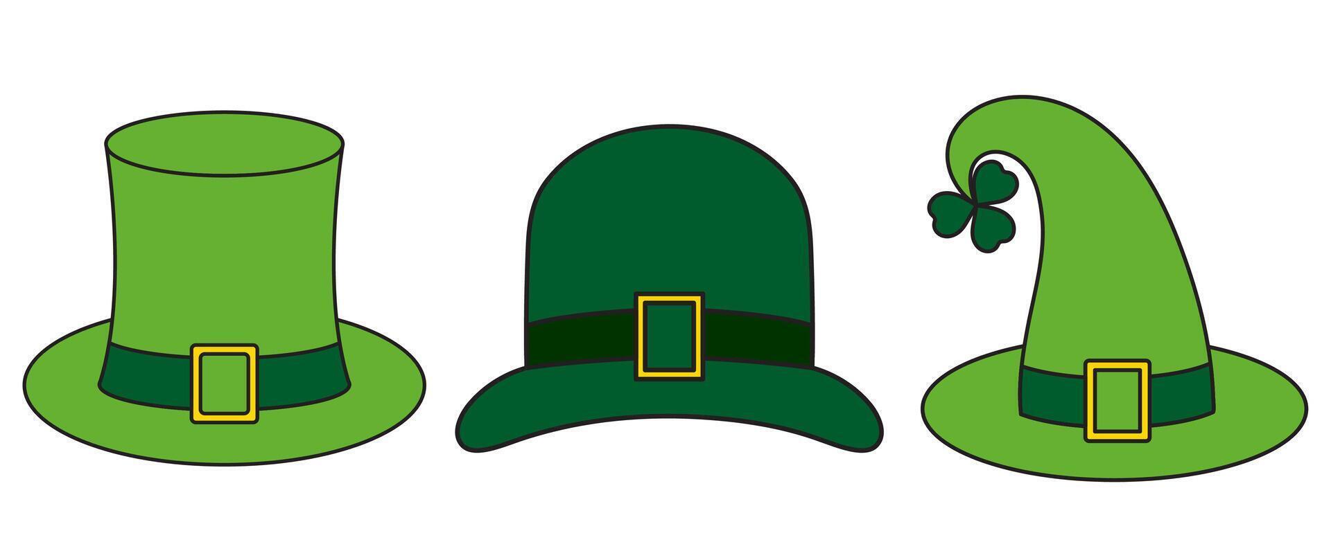 St. Patrick's Day, set of green leprechaun hats, retro vintage style, flat icon isolated on a white transparent background vector