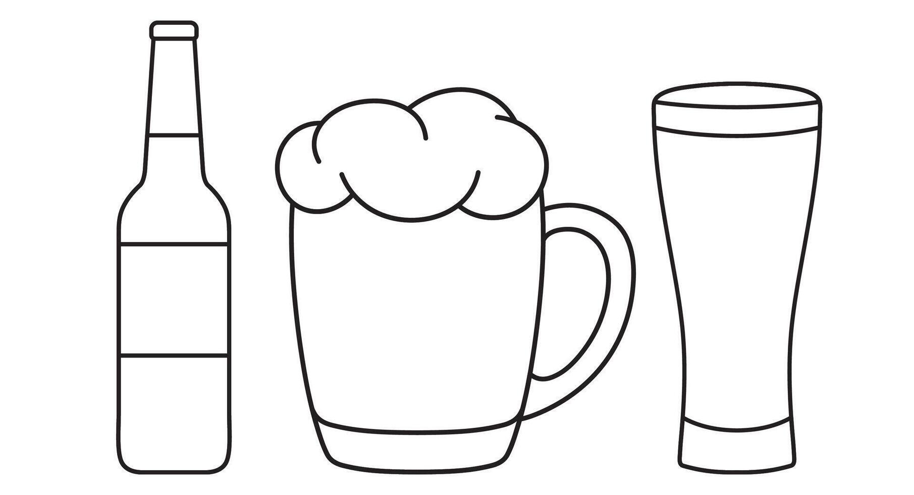 set of illustrations, glass bottle, mug, glass of beer, black and white linear icon isolated on a white transparent background vector