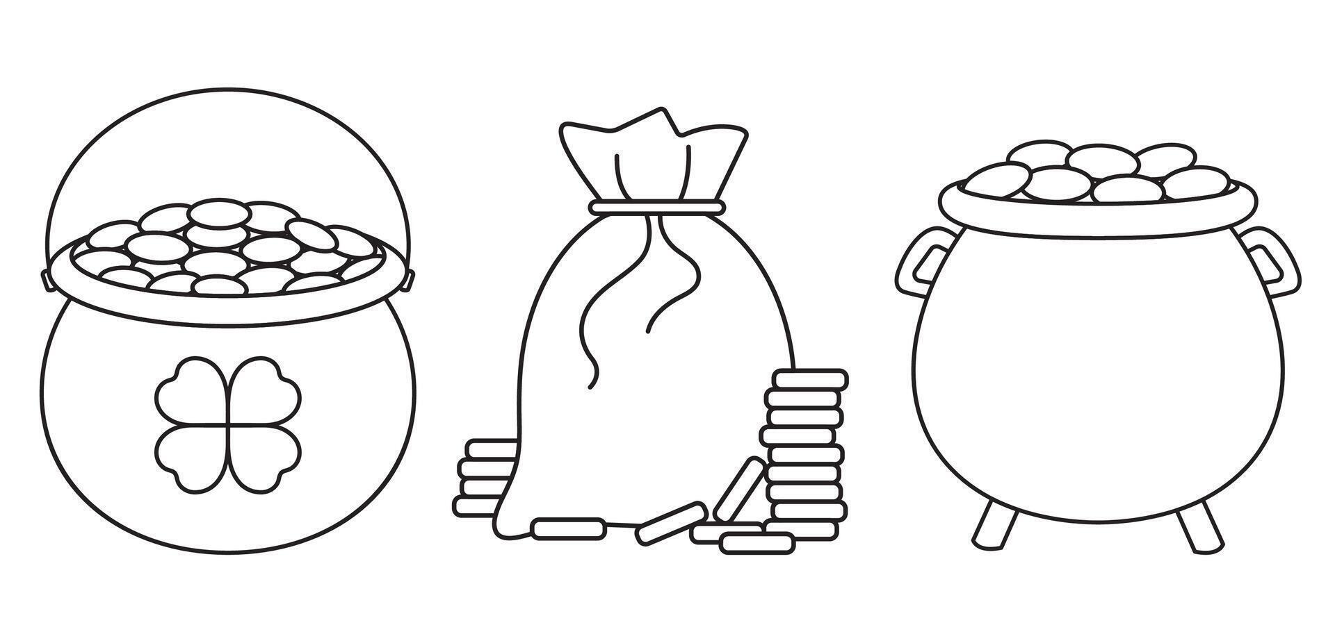 St. Patrick's Day, treasures, a cauldron, a full bag of gold coins, a set of black and white linear icon isolated on a white transparent background vector
