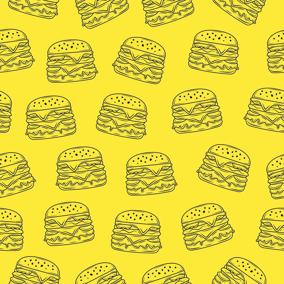 Cheeseburger sketch hand drawn seamless pattern on yellow background vector