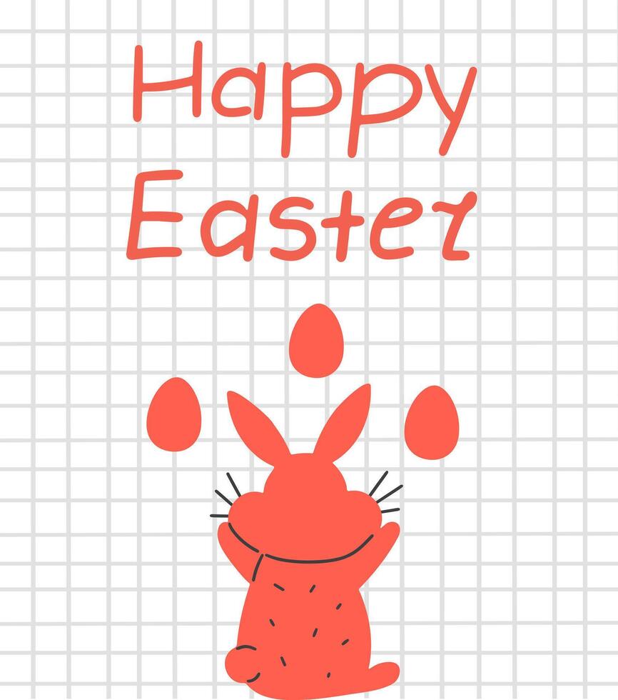 Happy Easter poster on checkered paper with Easter bunny and eggs and congratulatory handwritten inscription vector