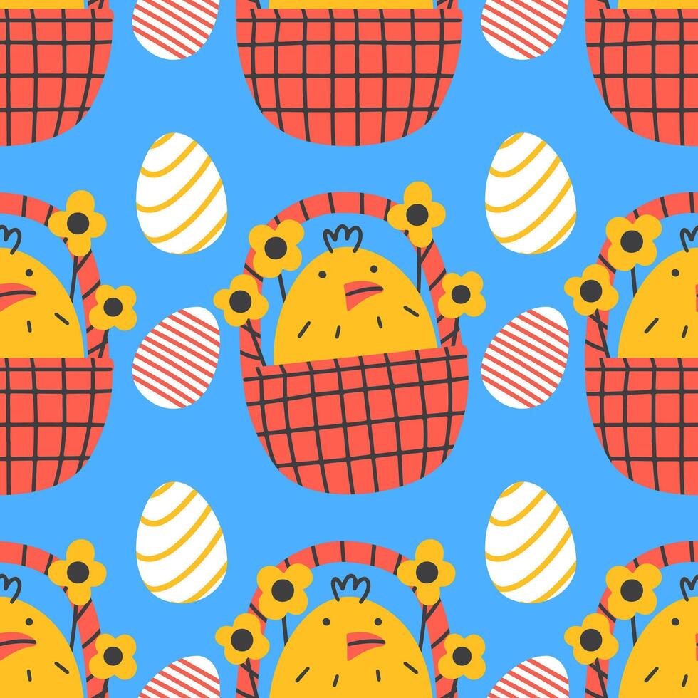 Easter seamless pattern with eggs and basket with chicken vector