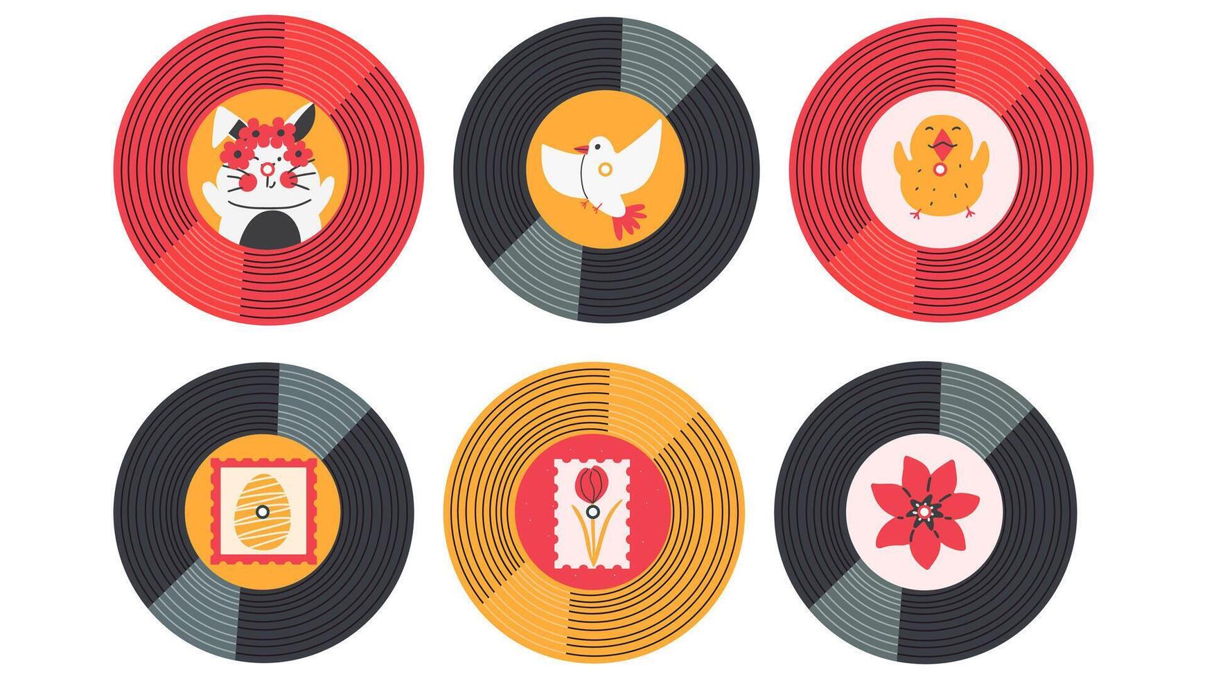 Set of vinyl retro plates with Easter illustrations, hare, bird, chick, egg and flowers. hand drawn elements. vector