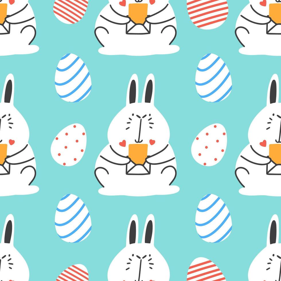 Seamless pattern with cute Easter bunny and eggs. vector