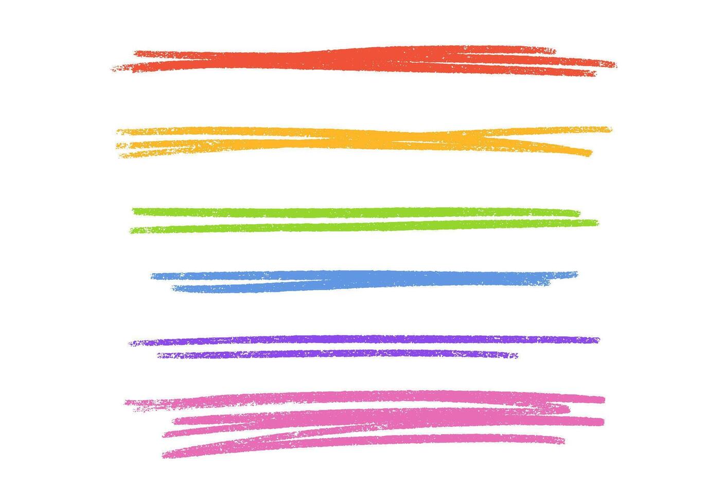 Colorful line brush strokes set - rainbow colors parallel marks with grunge texture. vector
